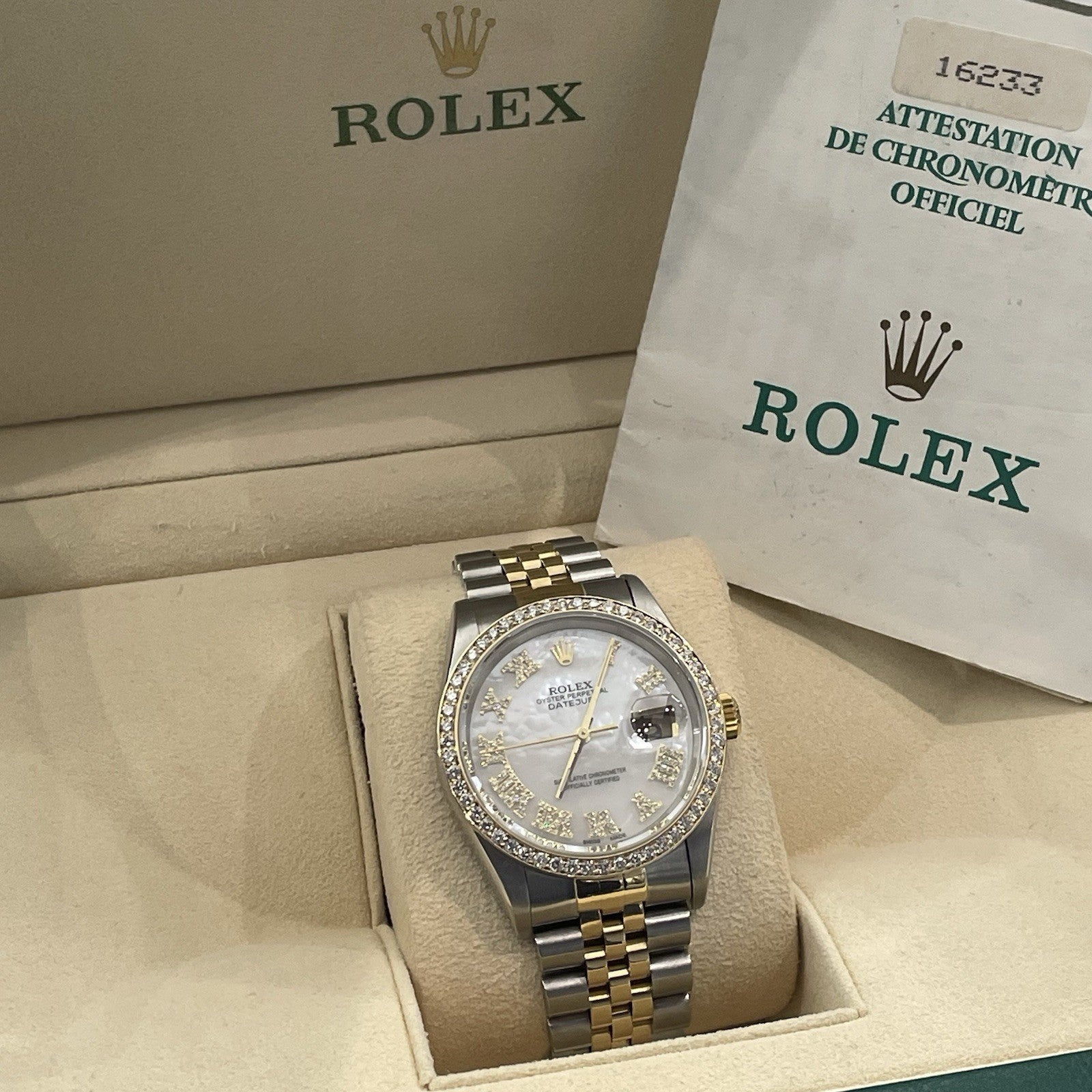 ROLEX DATEJUST 36 MOTHER OF PEARL YELLOW GOLD STAINLESS DIAMOND BEZEL ref: 16233