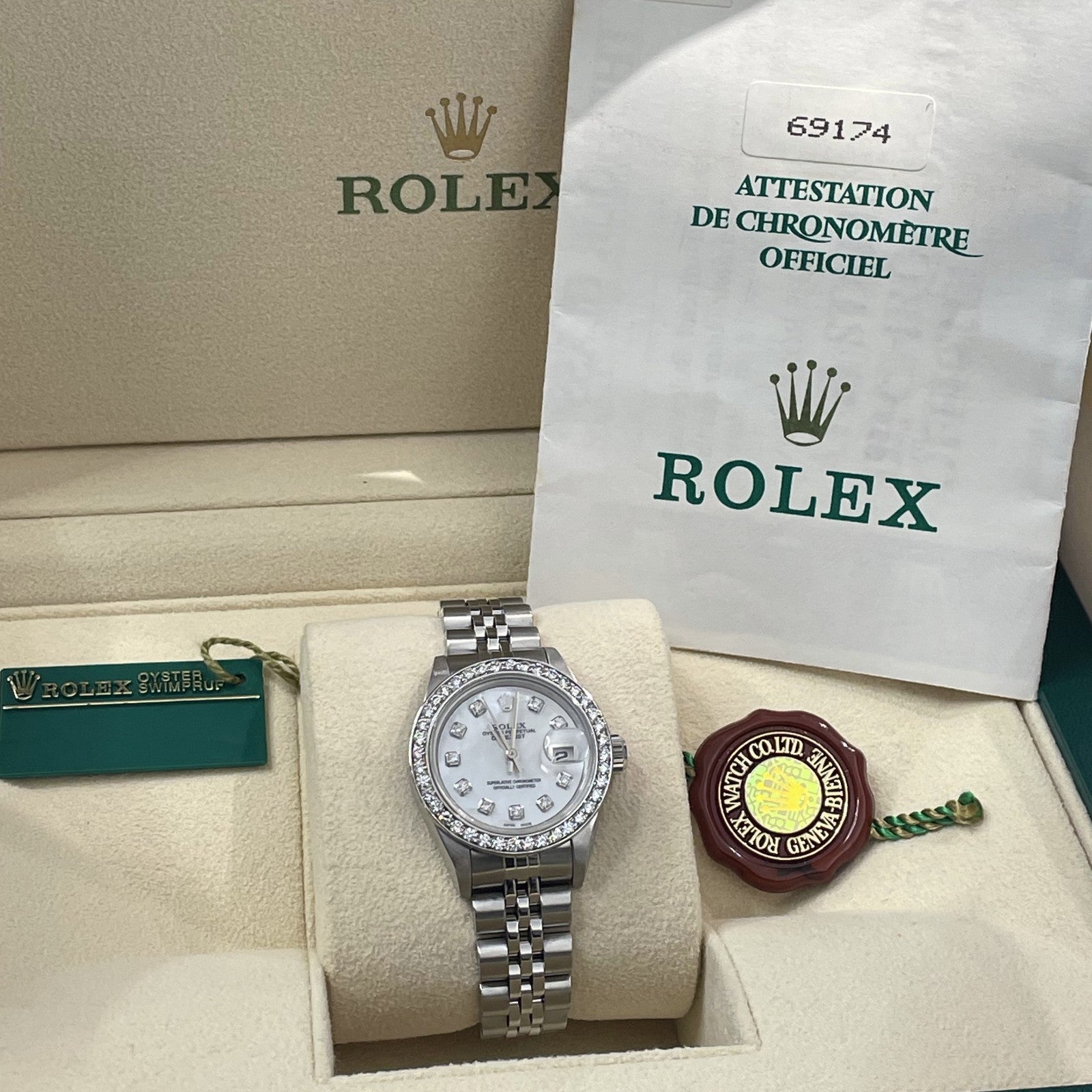 ROLEX LADY-DATEJUST 26mm MOTHER OF PEARL DIAL DIAMOND BEZEL JUBILEE ref: 69174