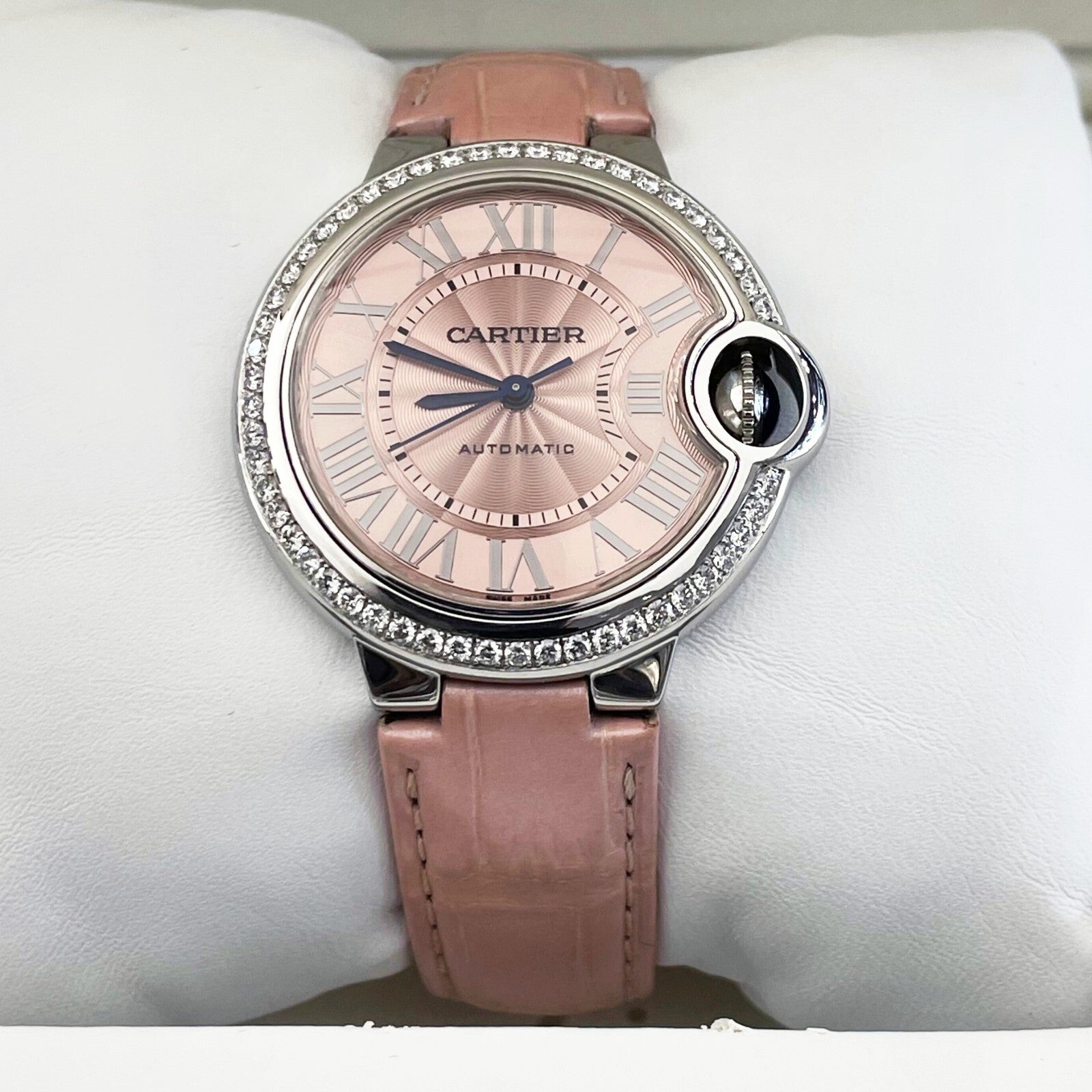 CARTIER BALLON BLEU 33mm PINK DIAL PINK STRAP DIAMOND BEZEL ref: WSBB0031