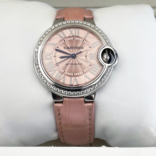 CARTIER BALLON BLEU 33mm PINK DIAL PINK STRAP DIAMOND BEZEL ref: WSBB0031