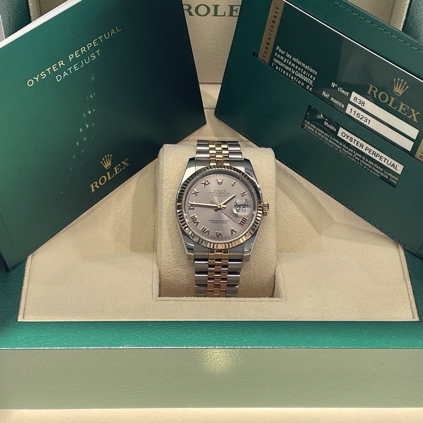 ROLEX DATEJUST 36mm GREY ROMAN ROSE GOLD STAINLESS JUBILEE FLUTED ref: 116231