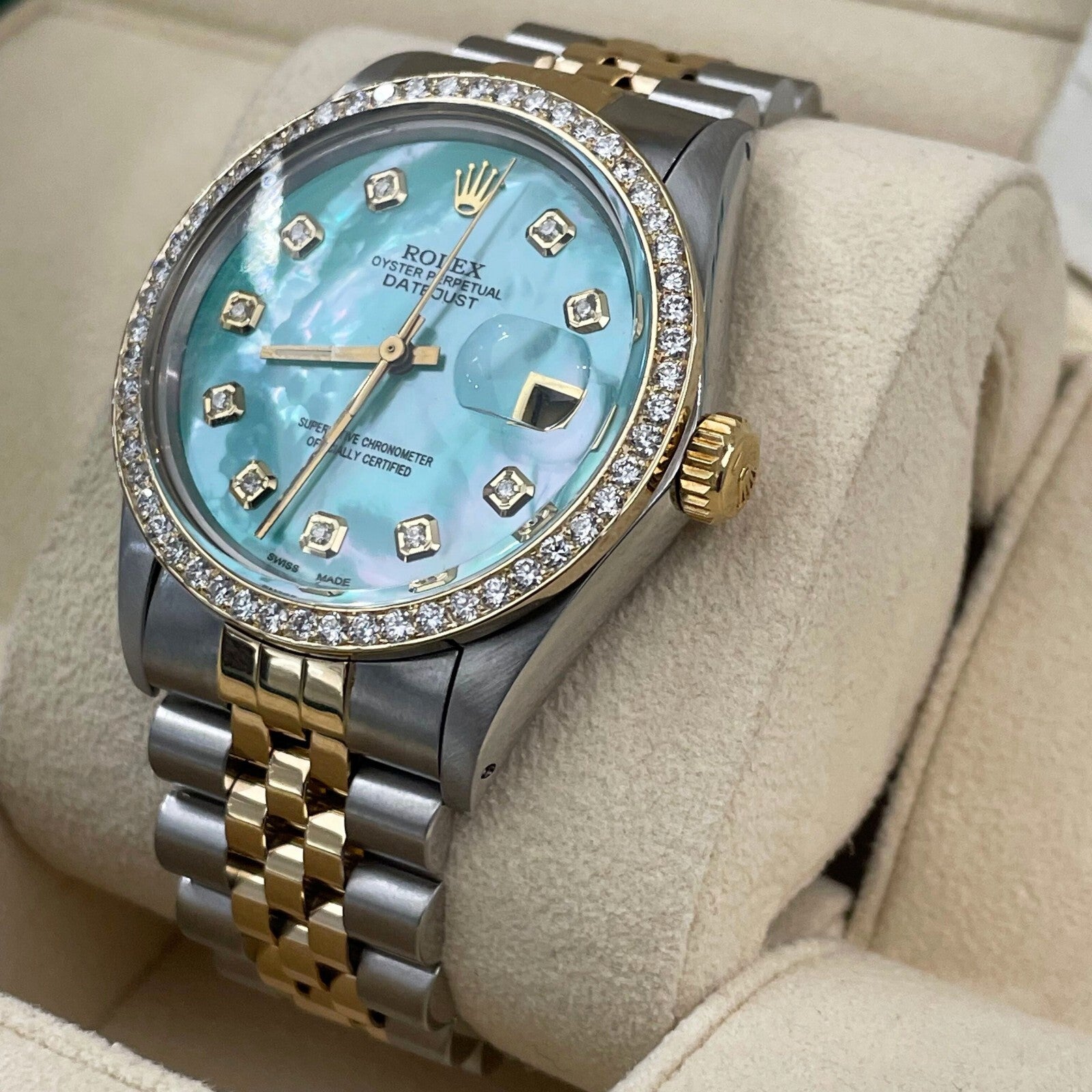 ROLEX DATEJUST 36mm TURQUOISE MOTHER OF PEARL JUBILEE DIAMOND BEZEL ref: 16013