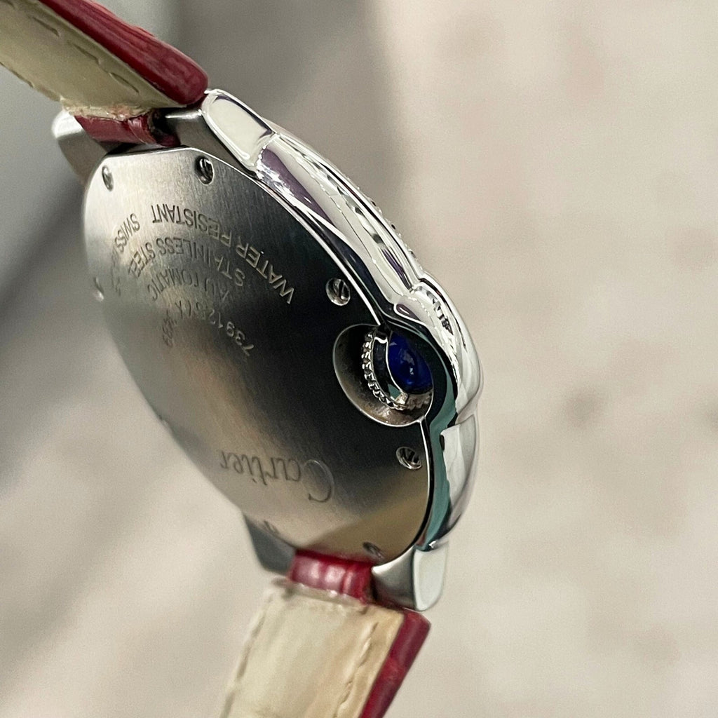 CARTIER BALLON BLEU 33mm RED DIAL DIAMOND BEZEL RED ALLIGATOR ref: WSBB0022