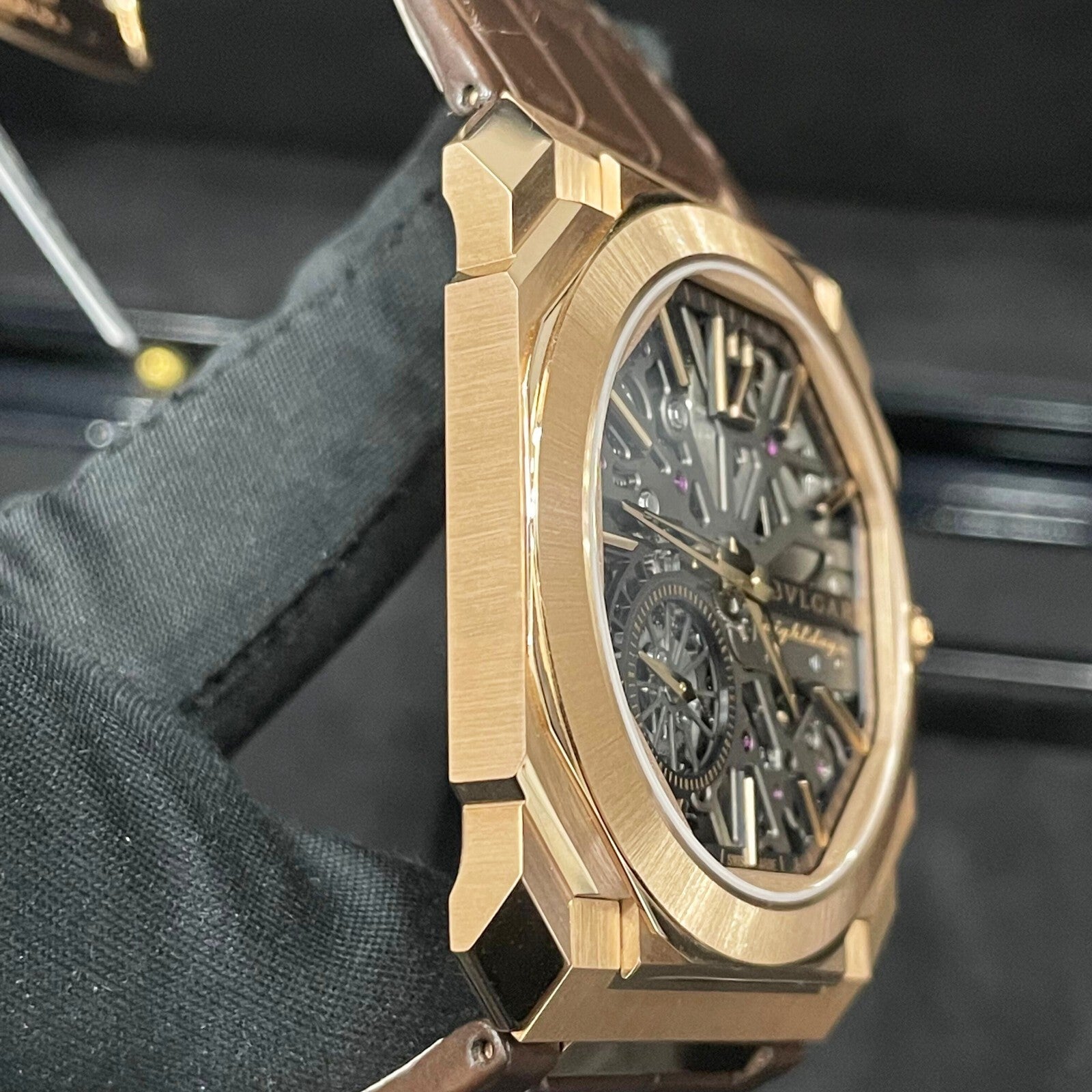 BVLGARI OCTO FINISSIMO SKELETON 8-DAYS 40mm ROSE GOLD ALLIGATOR ref: 103667