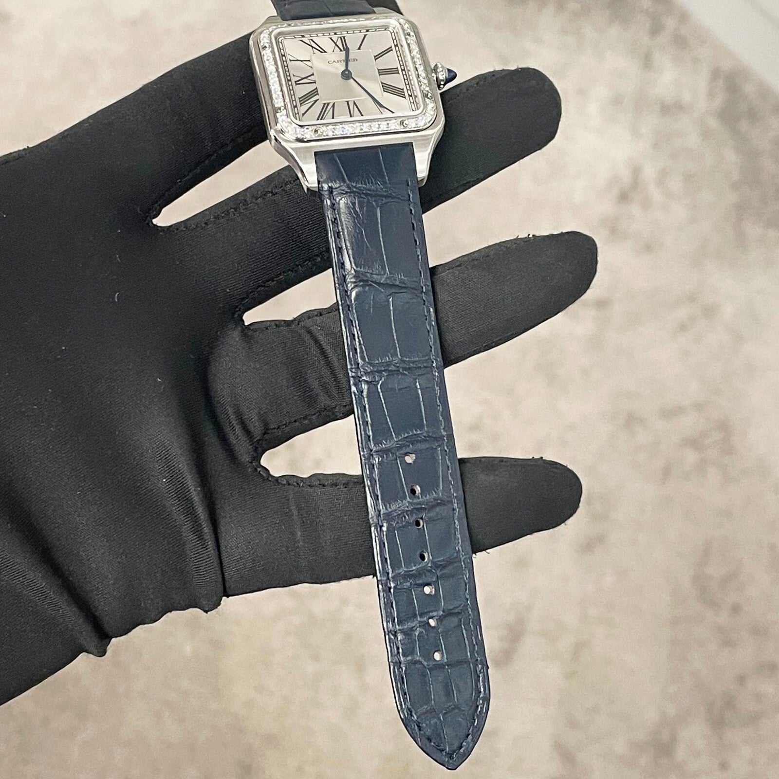 CARTIER SANTOS-DUMONT XL DIAMOND BEZEL NAVY BLUE ALLIGATOR ref: WSSA0032 (4305)