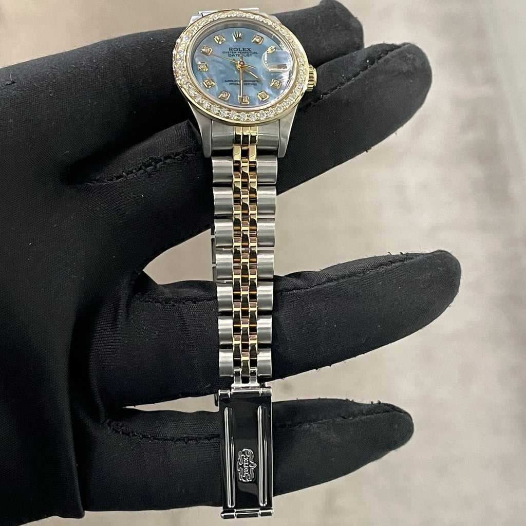 ROLEX LADY-DATEJUST 26mm BLUE MOTHER OF PEARL DIAL DIAMOND BEZEL ref: 69173