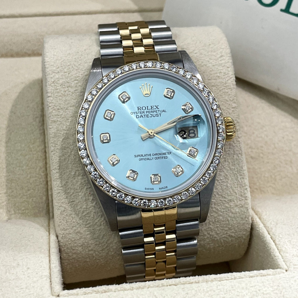 ROLEX DATEJUST 36 LIGHT BLUE DIAMOND DIAL 2TONE JUBILEE DIAMOND BEZEL ref: 16013