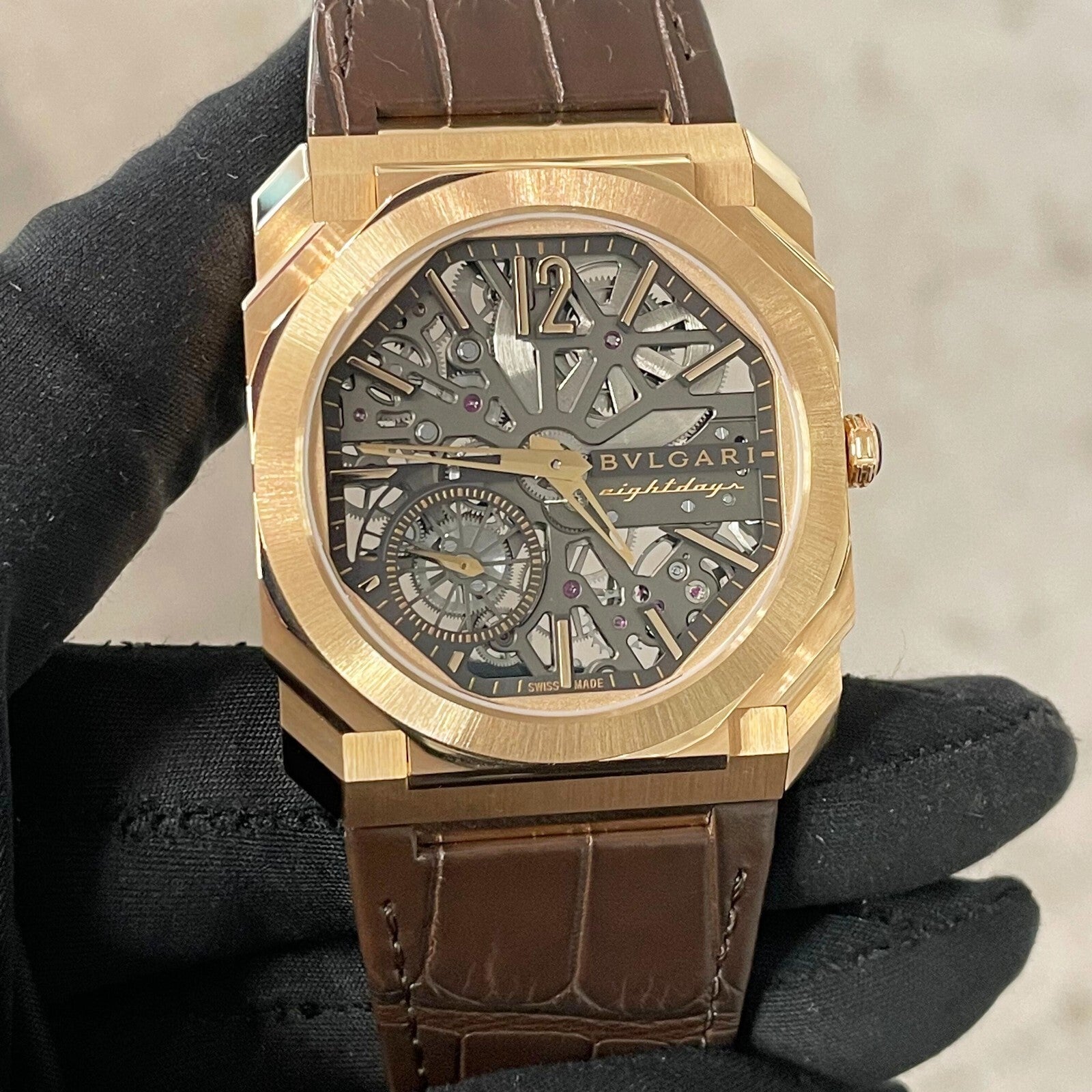 BVLGARI OCTO FINISSIMO SKELETON 8-DAYS 40mm ROSE GOLD ALLIGATOR ref: 103667