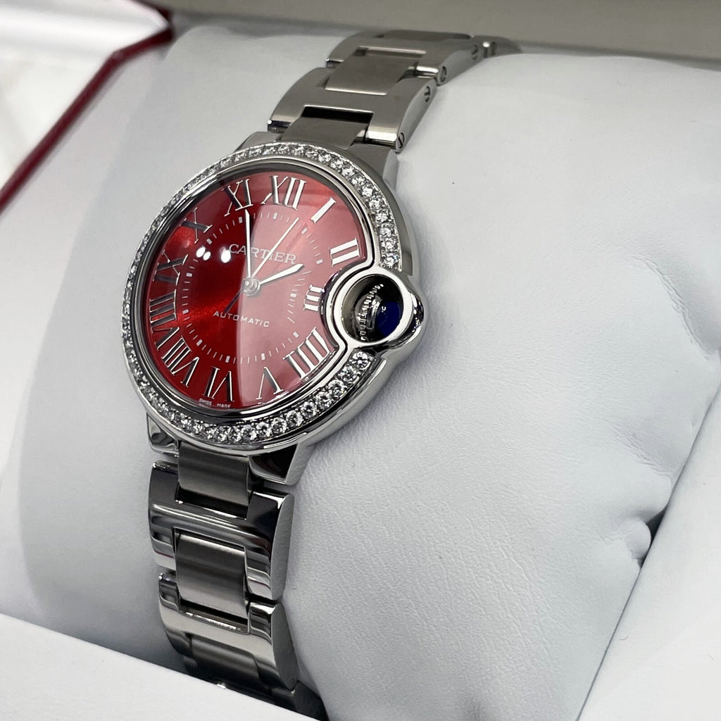 CARTIER BALLON BLEU 33mm RED DIAL DIAMOND BEZEL STAINLESS STEEL ref: WSBB0052