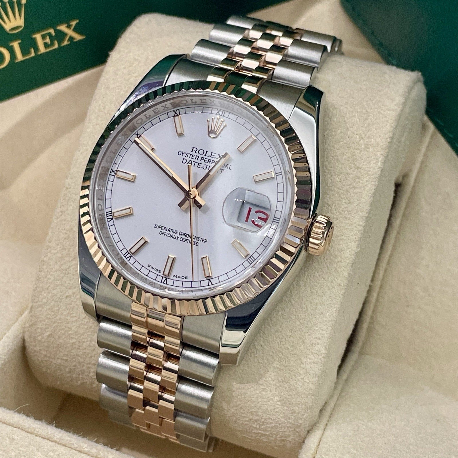 ROLEX DATEJUST 36mm WHITE DIAL ROSE GOLD STAINLESS JUBILEE ref: 116231