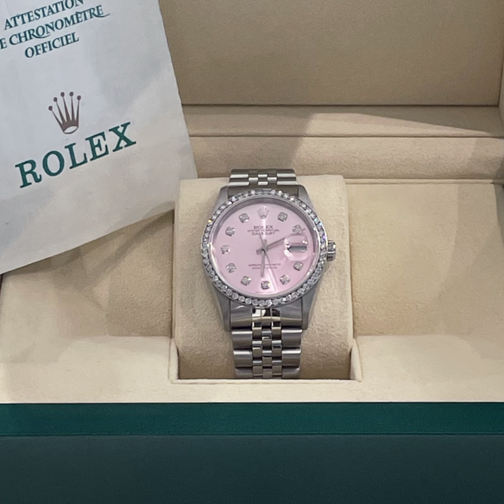 ROLEX DATEJUST 36 PINK DIAMOND DIAL STAINLESS JUBILEE DIAMOND BEZEL ref: 16014