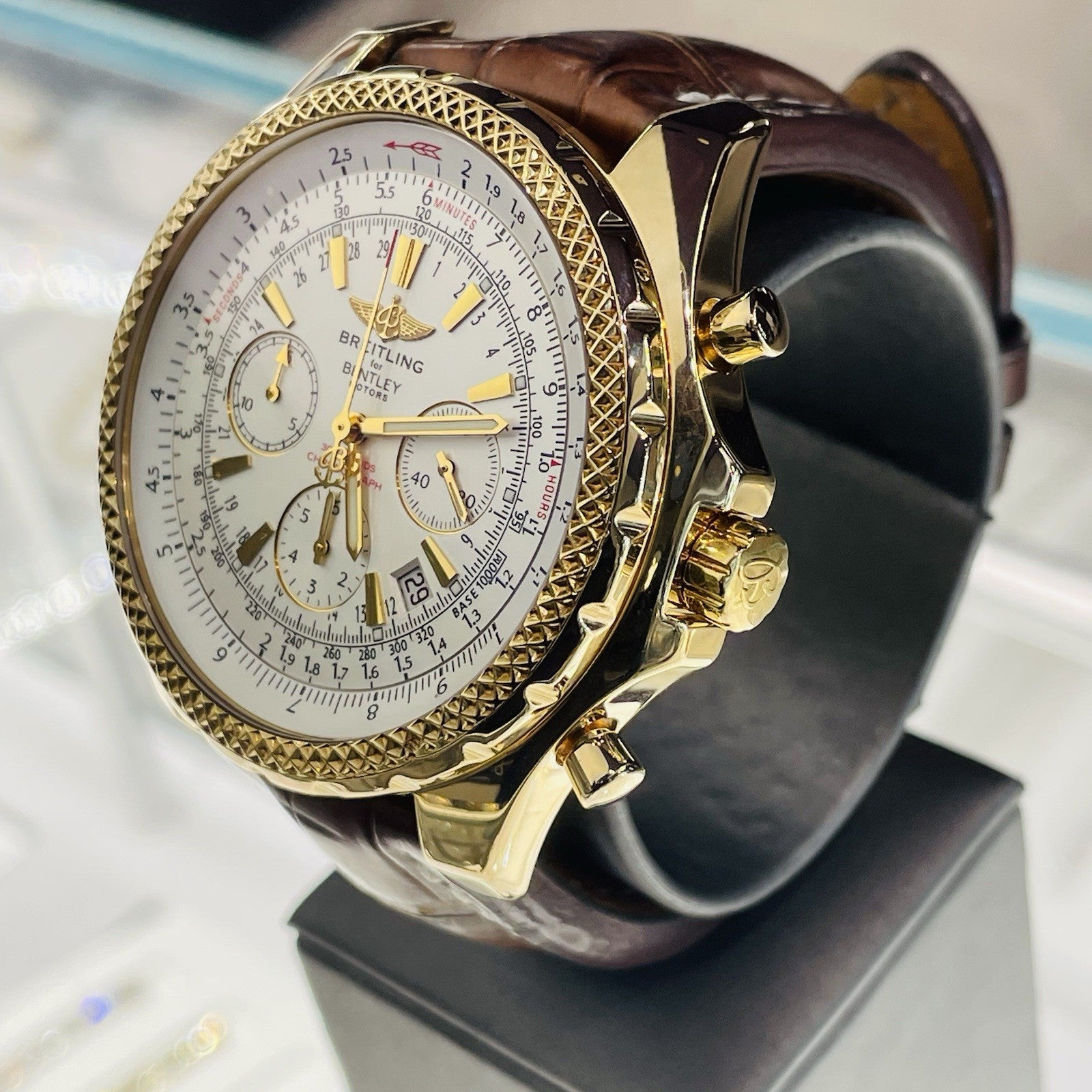 BREITLING BENTLEY MOTORS 48mm YELLOW GOLD SILVER DIAL BROWN STRAP ref: K25362