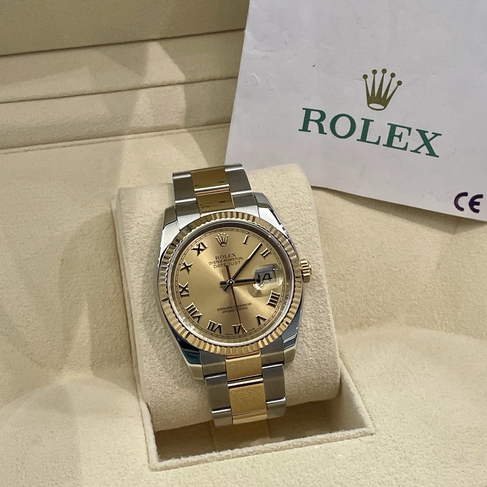ROLEX DATEJUST 36 CHAMPAGNE ROMAN YELLOW GOLD OYSTERSTEEL FLUTED ref: 116233