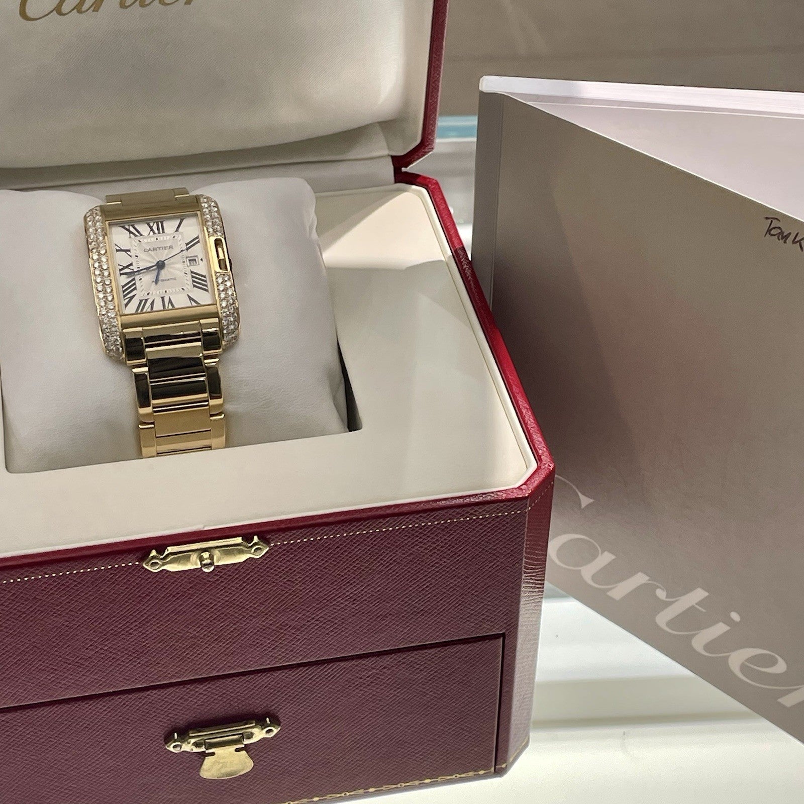 CARTIER TANK ANGLAISE LARGE YELLOW GOLD SILVER DIAL DIAMOND BEZEL ref: W5310015