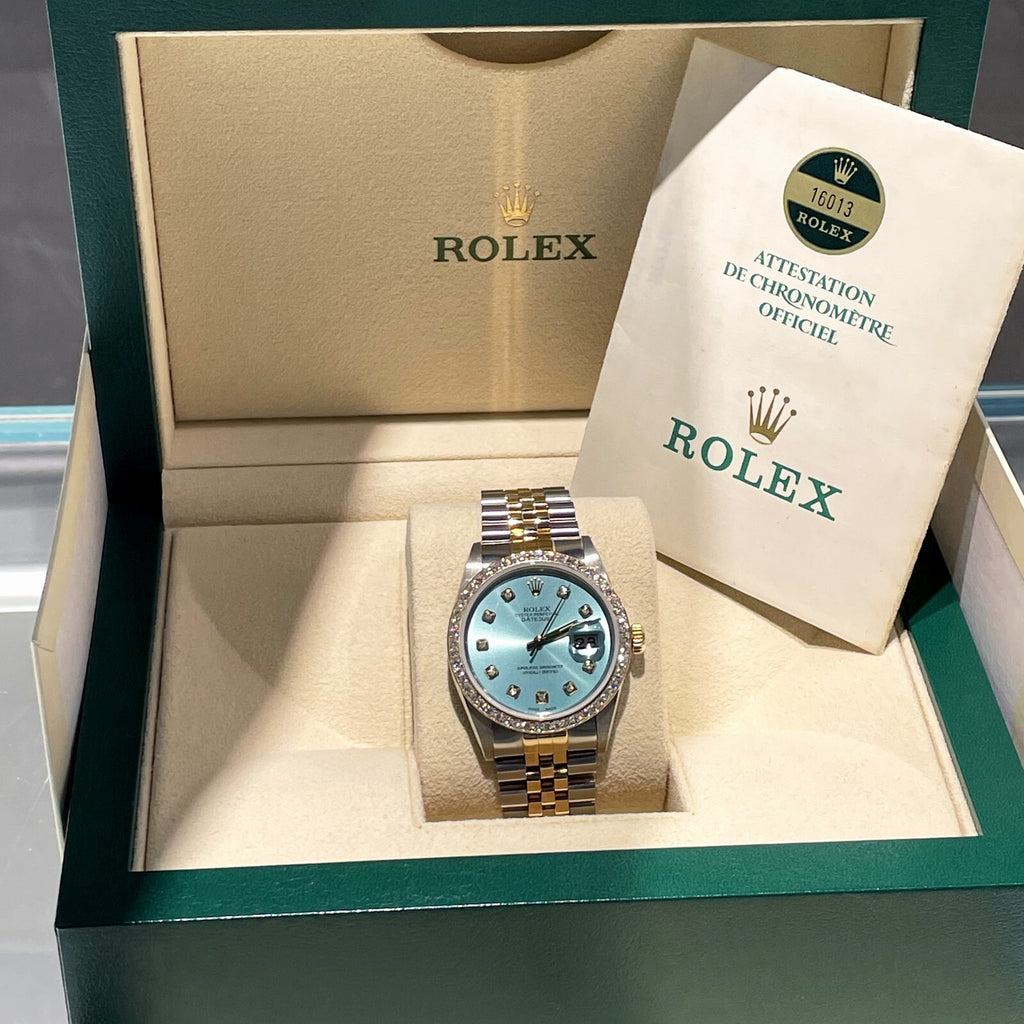 ROLEX DATEJUST 36 LIGHT BLUE DIAMOND DIAL 2TONE JUBILEE DIAMOND BEZEL ref: 16013