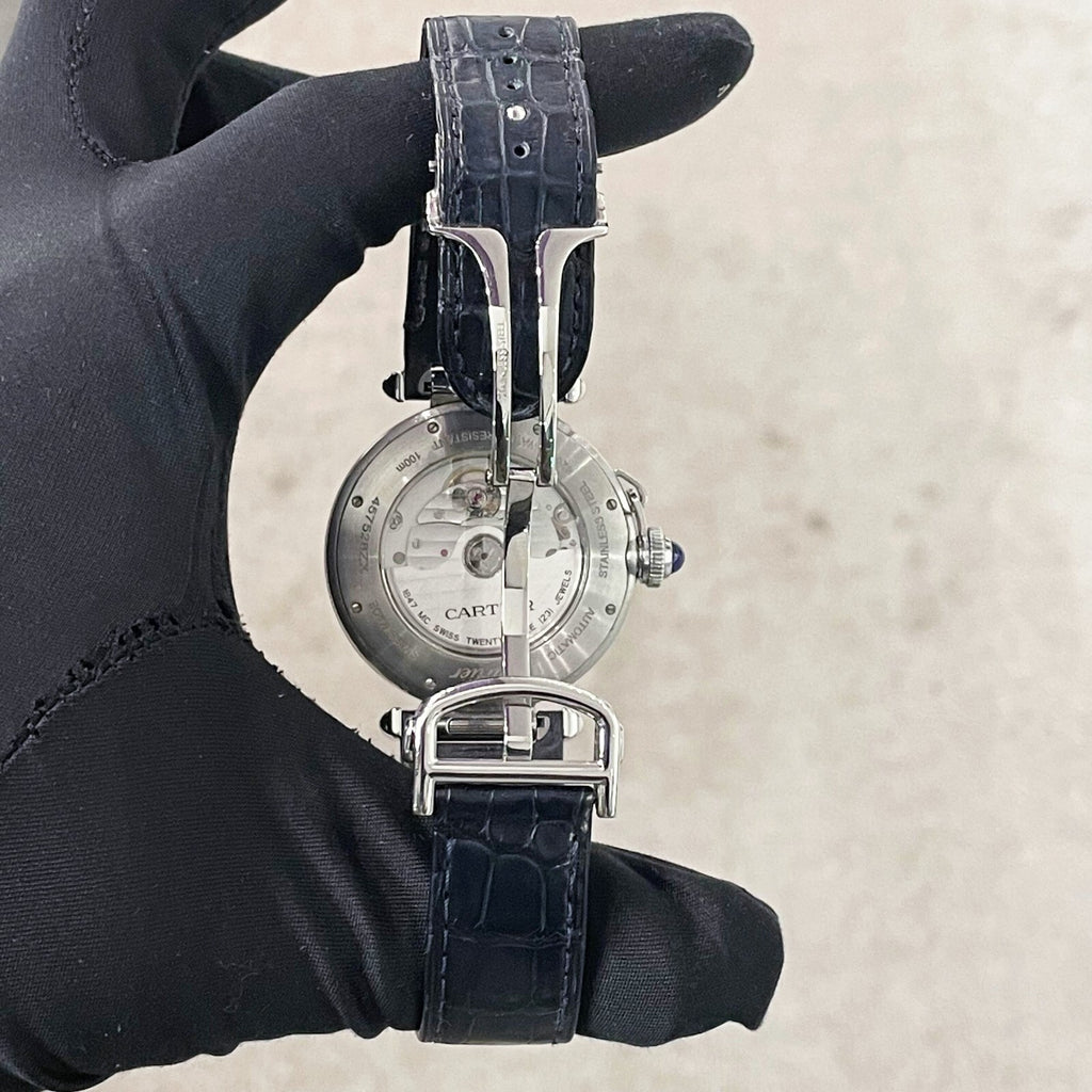 CARTIER PASHA 41mm DIAMOND BEZEL BLUE ALLIGATOR SILVER DIAL STEEL ref: WSPA0010