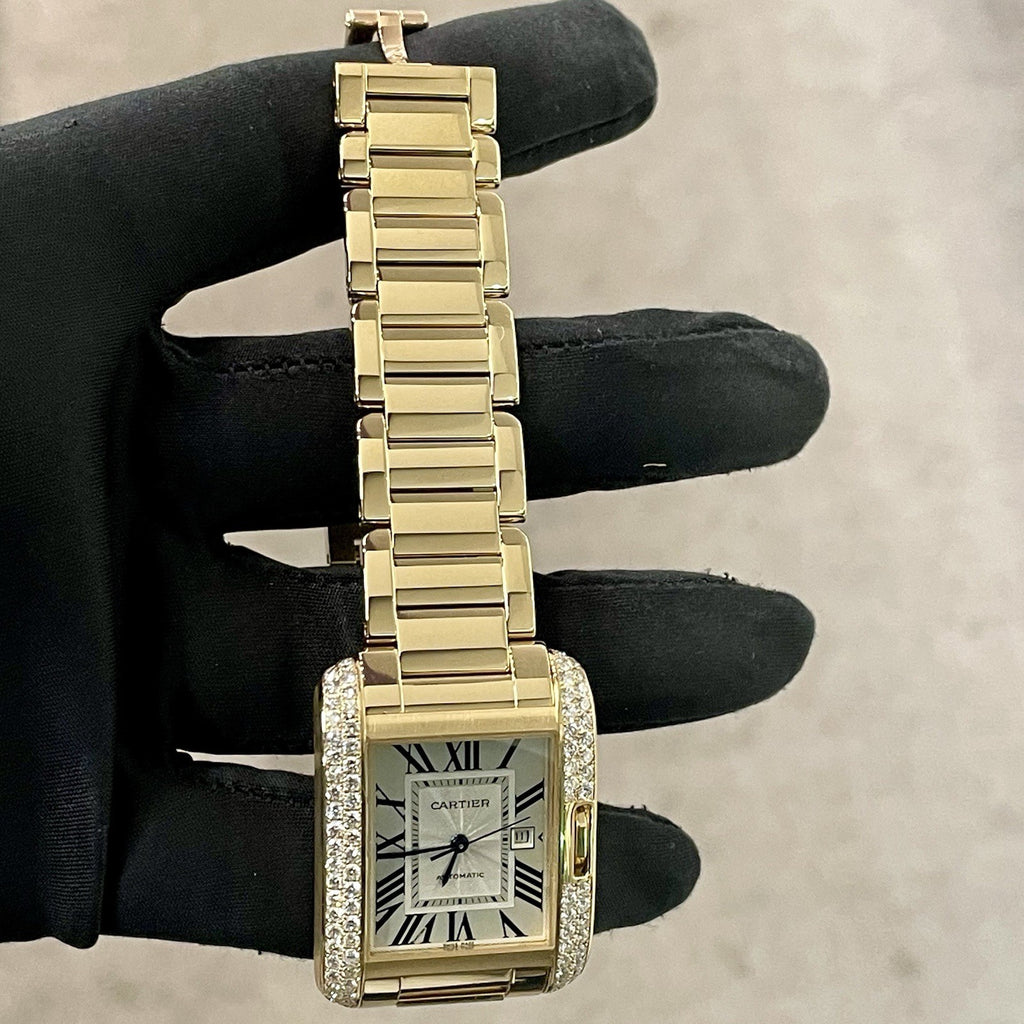 CARTIER TANK ANGLAISE LARGE YELLOW GOLD SILVER DIAL DIAMOND BEZEL ref: W5310015