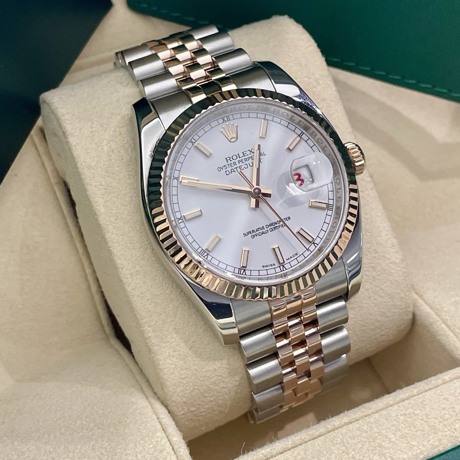 ROLEX DATEJUST 36mm WHITE DIAL ROSE GOLD STAINLESS JUBILEE ref: 116231