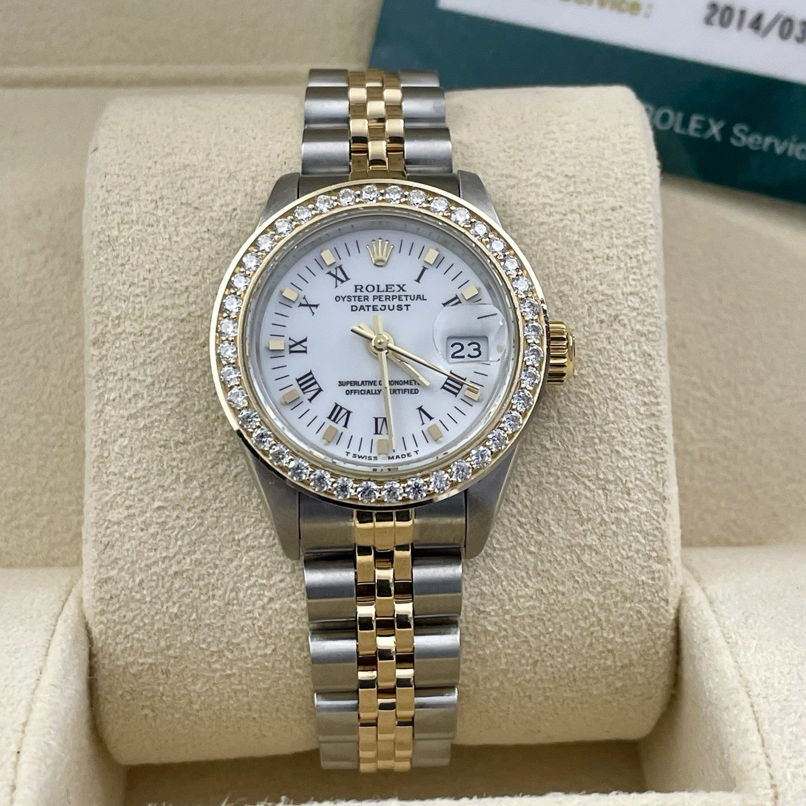 ROLEX LADY-DATEJUST 26mm WHITE ROMAN DIAL DIAMOND BEZEL JUBILEE 2TONE ref: 69173