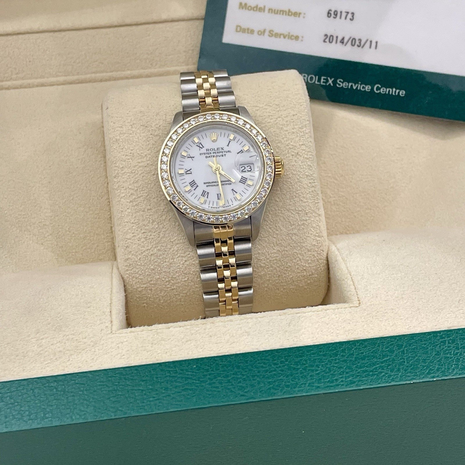 ROLEX LADY-DATEJUST 26mm WHITE ROMAN DIAL DIAMOND BEZEL JUBILEE 2TONE ref: 69173