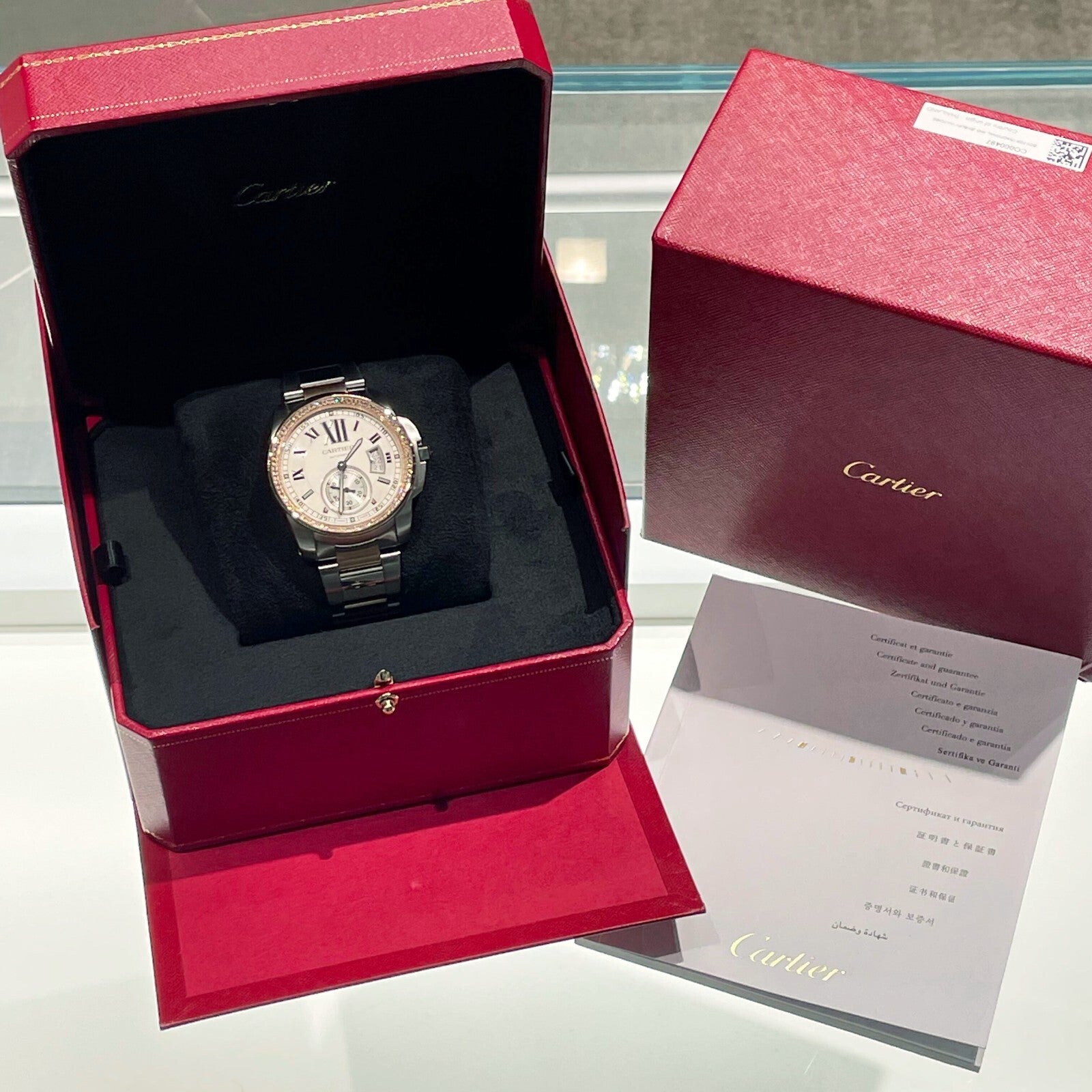 CARTIER CALIBRE 42mm ROSE GOLD STAINLESS DIAMOND BEZEL SILVER DIAL ref: W7100036