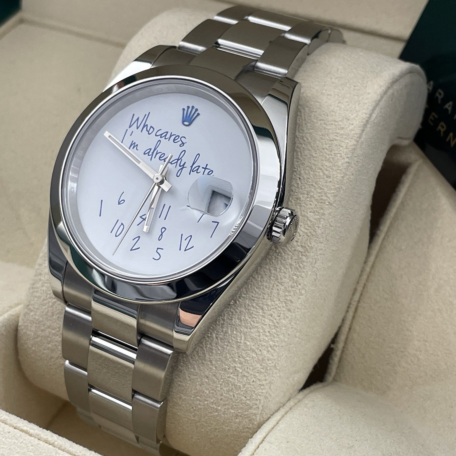 ROLEX DATEJUST 41mm STAINLESS SMOOTH BEZEL WHO CARES IM ALREADY LATE ref: 126300