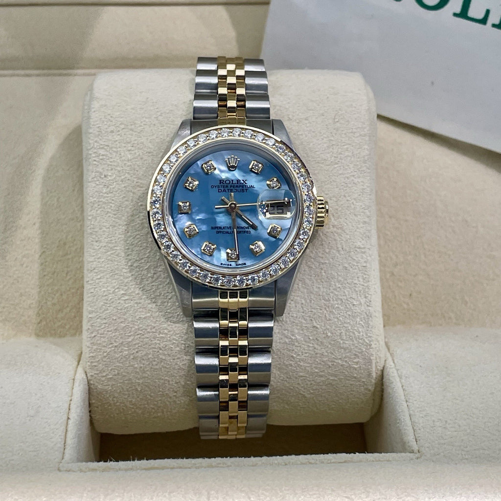 ROLEX LADY-DATEJUST 26mm BLUE MOTHER OF PEARL DIAL DIAMOND BEZEL ref: 69173