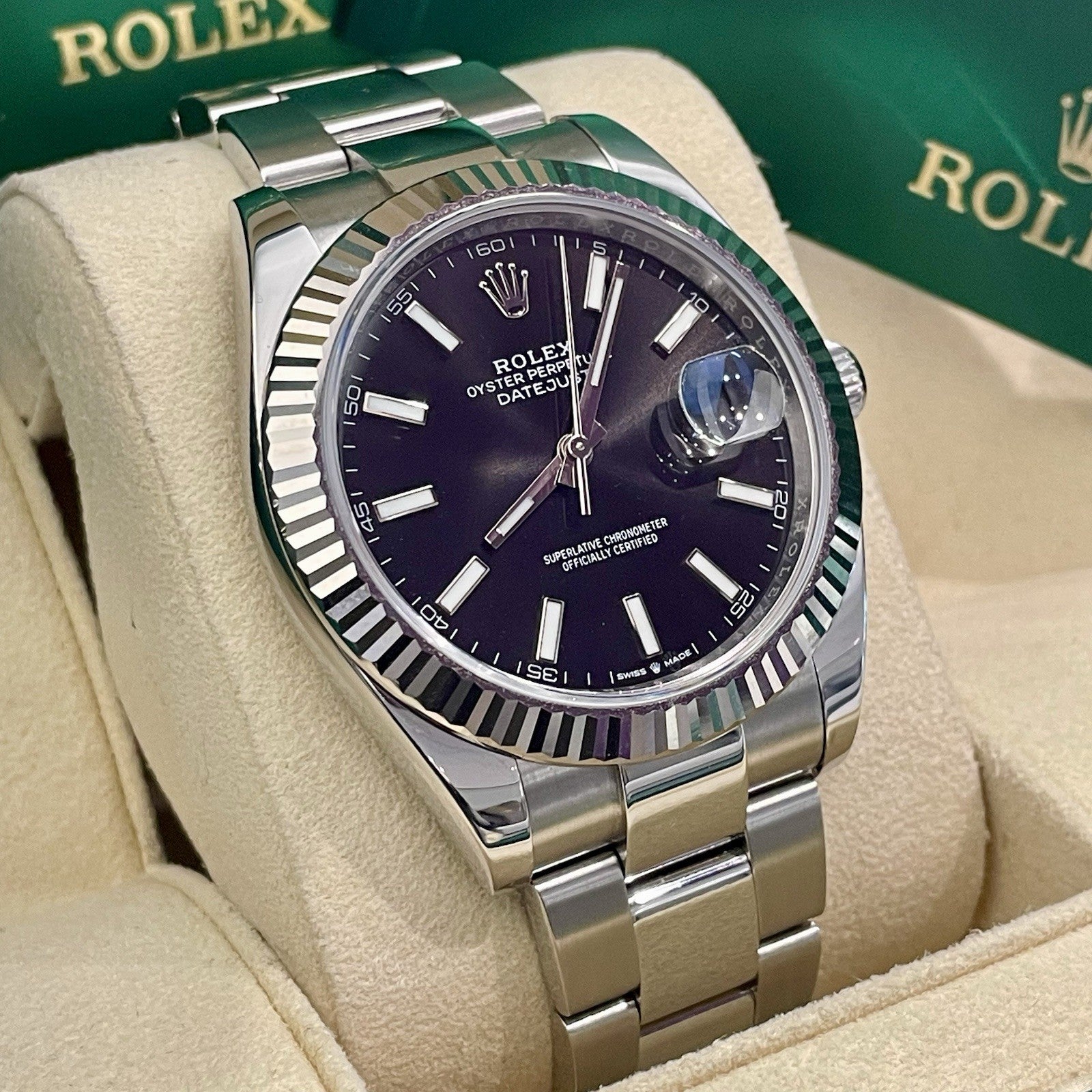 ROLEX DATEJUST 41mm BLACK DIAL OYSTERSTEEL WHITE GOLD FLUTED BEZEL ref: 126334