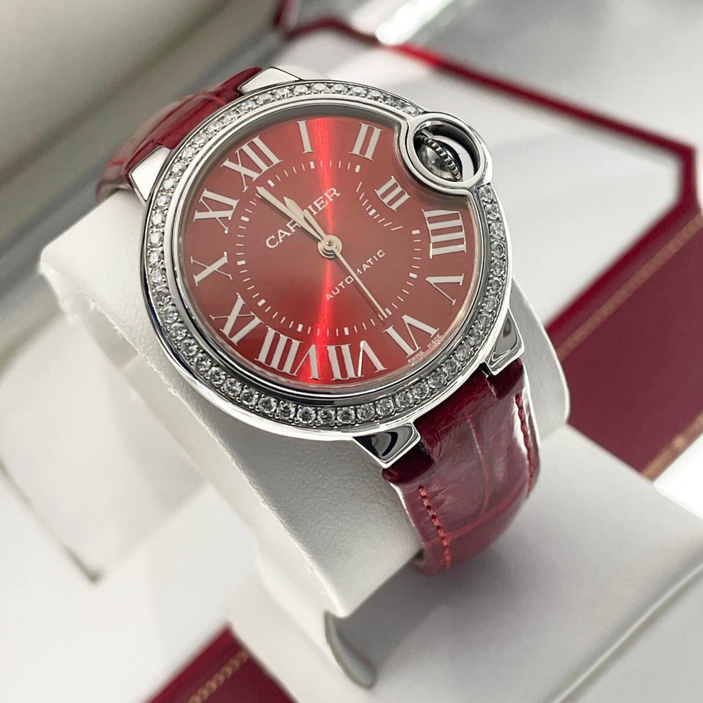 CARTIER BALLON BLEU 33mm RED DIAL DIAMOND BEZEL RED ALLIGATOR ref: WSBB0022