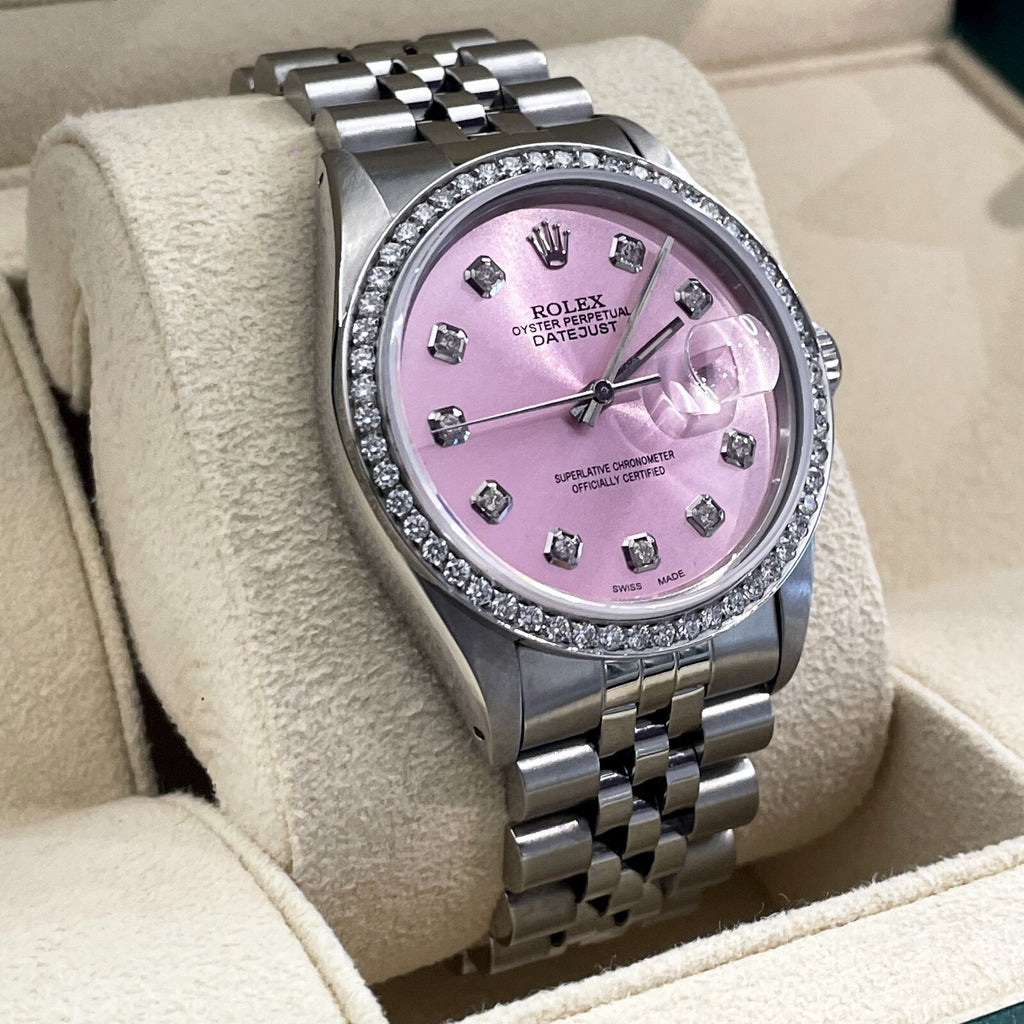 ROLEX DATEJUST 36 PINK DIAMOND DIAL STAINLESS JUBILEE DIAMOND BEZEL ref: 16014