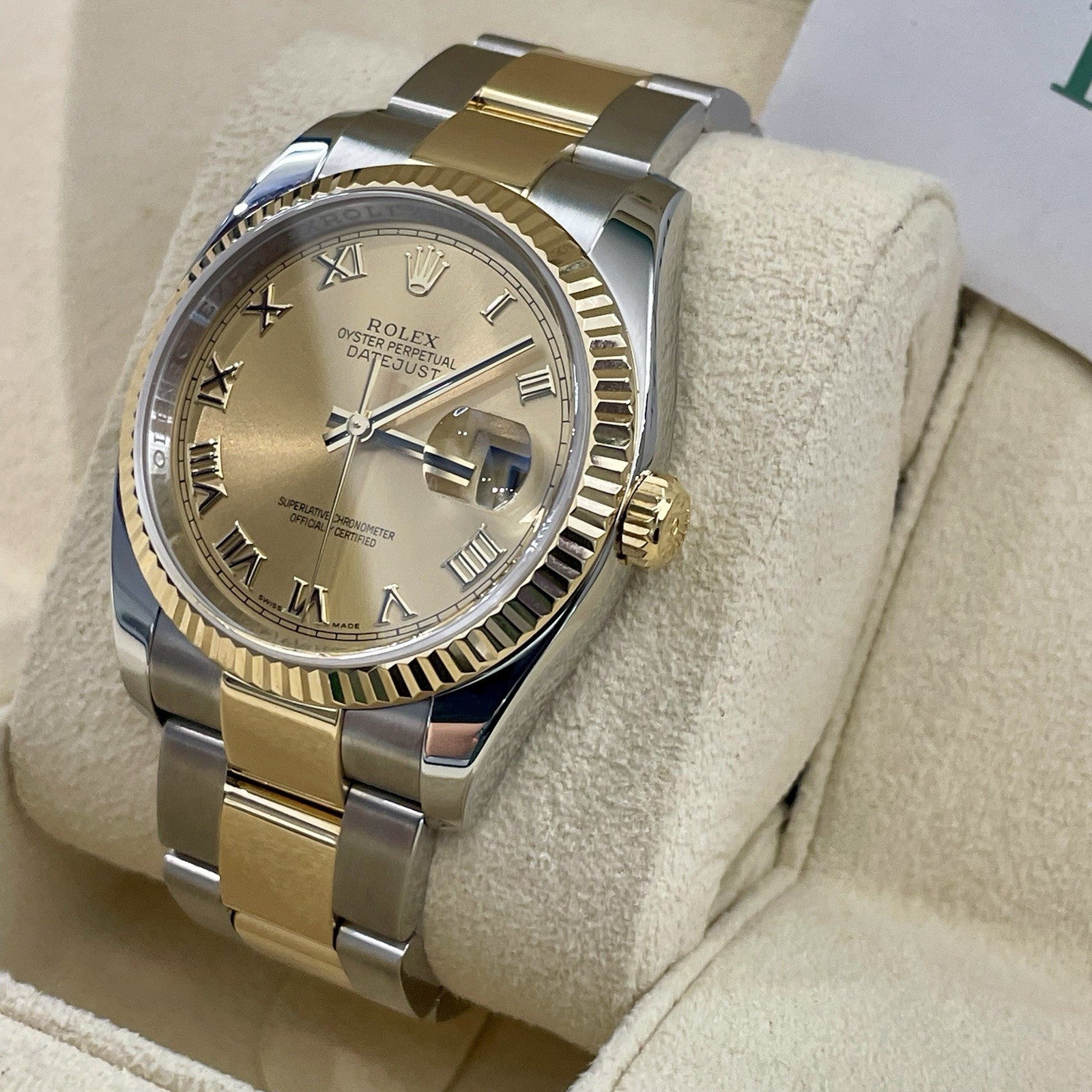 ROLEX DATEJUST 36 CHAMPAGNE ROMAN YELLOW GOLD OYSTERSTEEL FLUTED ref: 116233