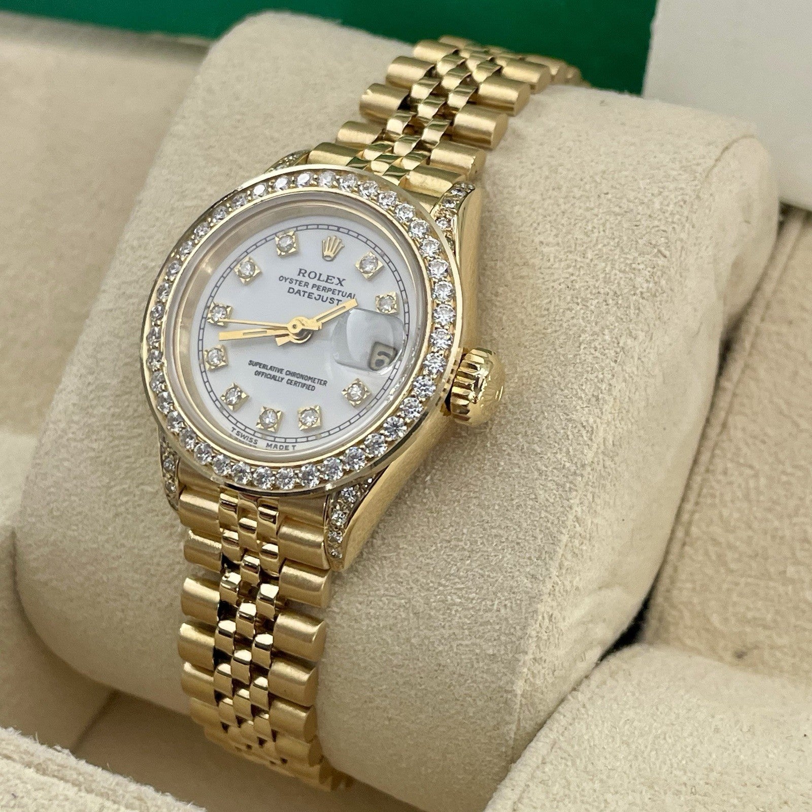 ROLEX DATEJUST 26mm YELLOW GOLD WHITE DIAMOND DIAL DIAMOND CASE ref: 69178