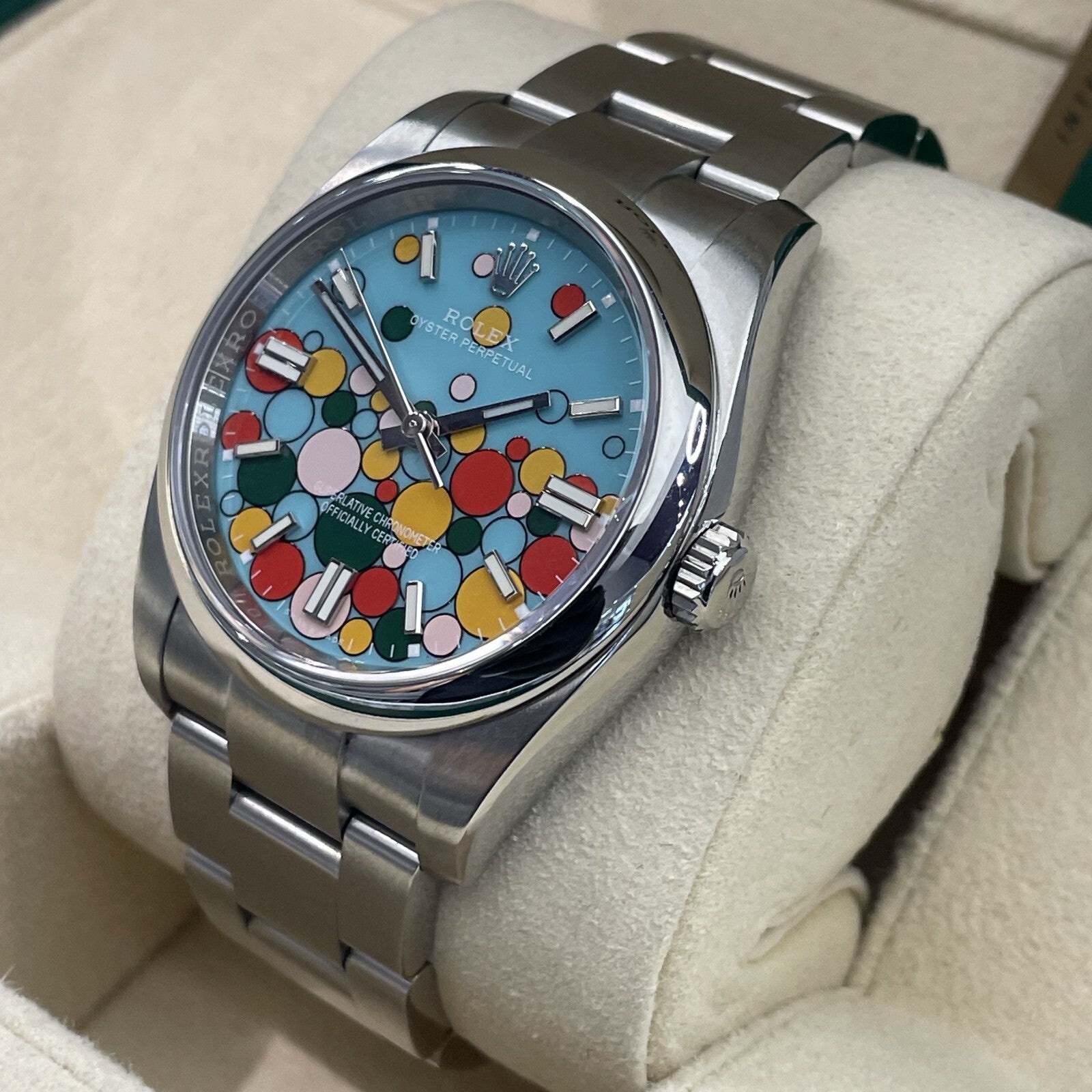 ROLEX OYSTER PERPETUAL 36mm TURQUOISE BLUE CELEBRATION DIAL ref: 116000