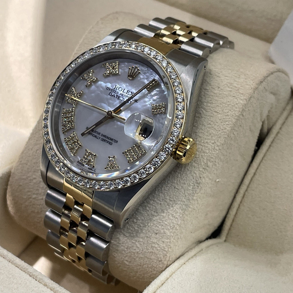 ROLEX DATEJUST 36 MOTHER OF PEARL YELLOW GOLD STAINLESS DIAMOND BEZEL ref: 16233