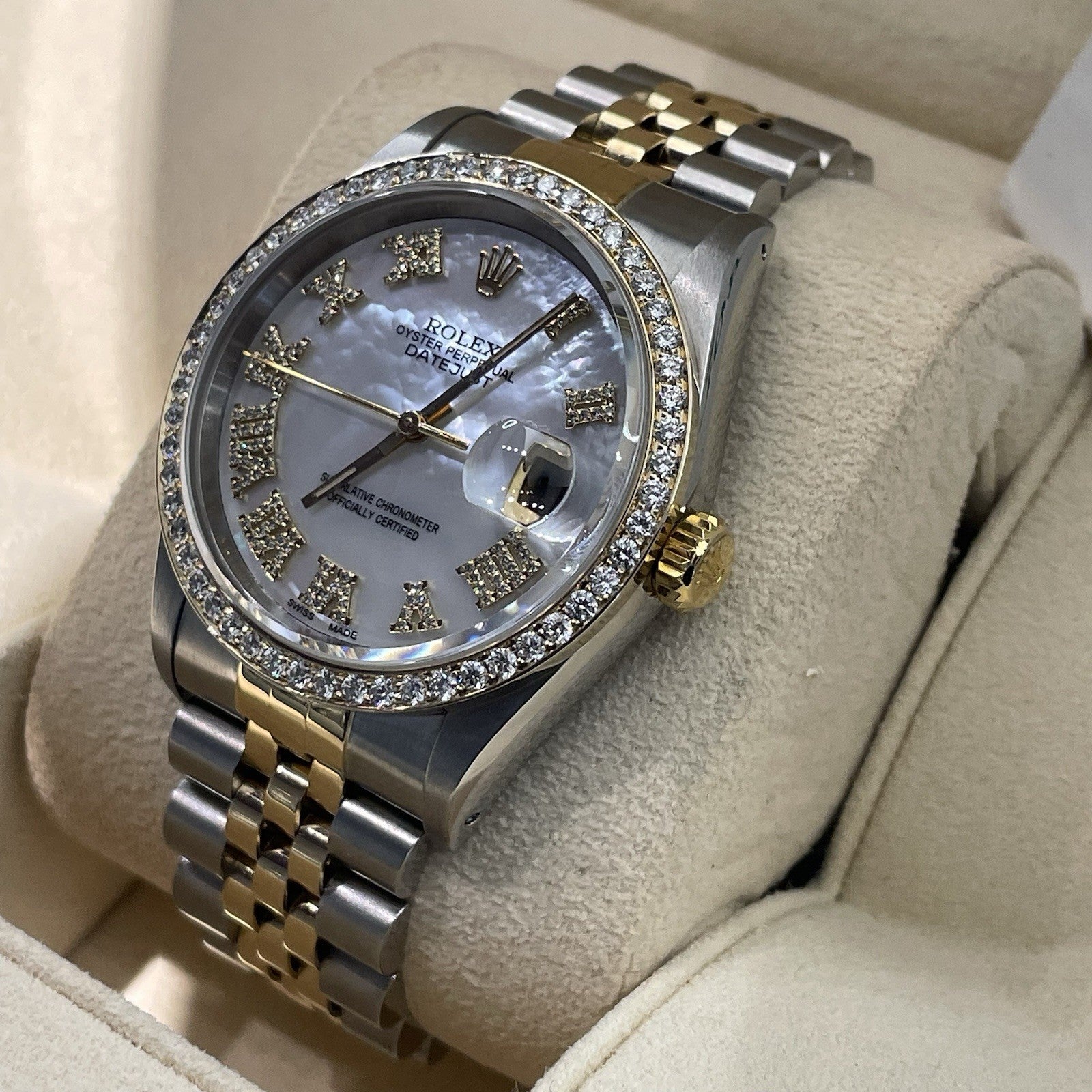 ROLEX DATEJUST 36 MOTHER OF PEARL YELLOW GOLD STAINLESS DIAMOND BEZEL ref: 16233