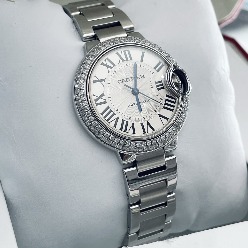CARTIER BALLON BLEU 33mm SILVER DIAL DOUBLE ROW DIAMOND BEZEL ref: W6920071