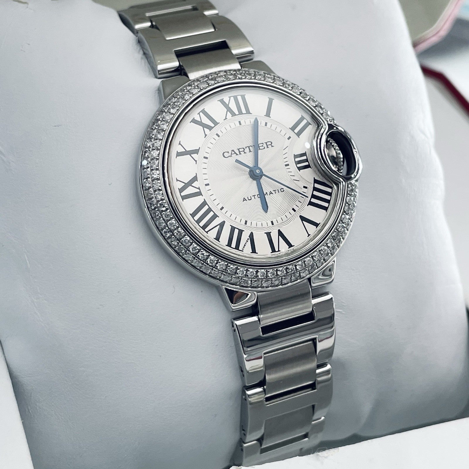 CARTIER BALLON BLEU 33mm SILVER DIAL DOUBLE ROW DIAMOND BEZEL ref: W6920071