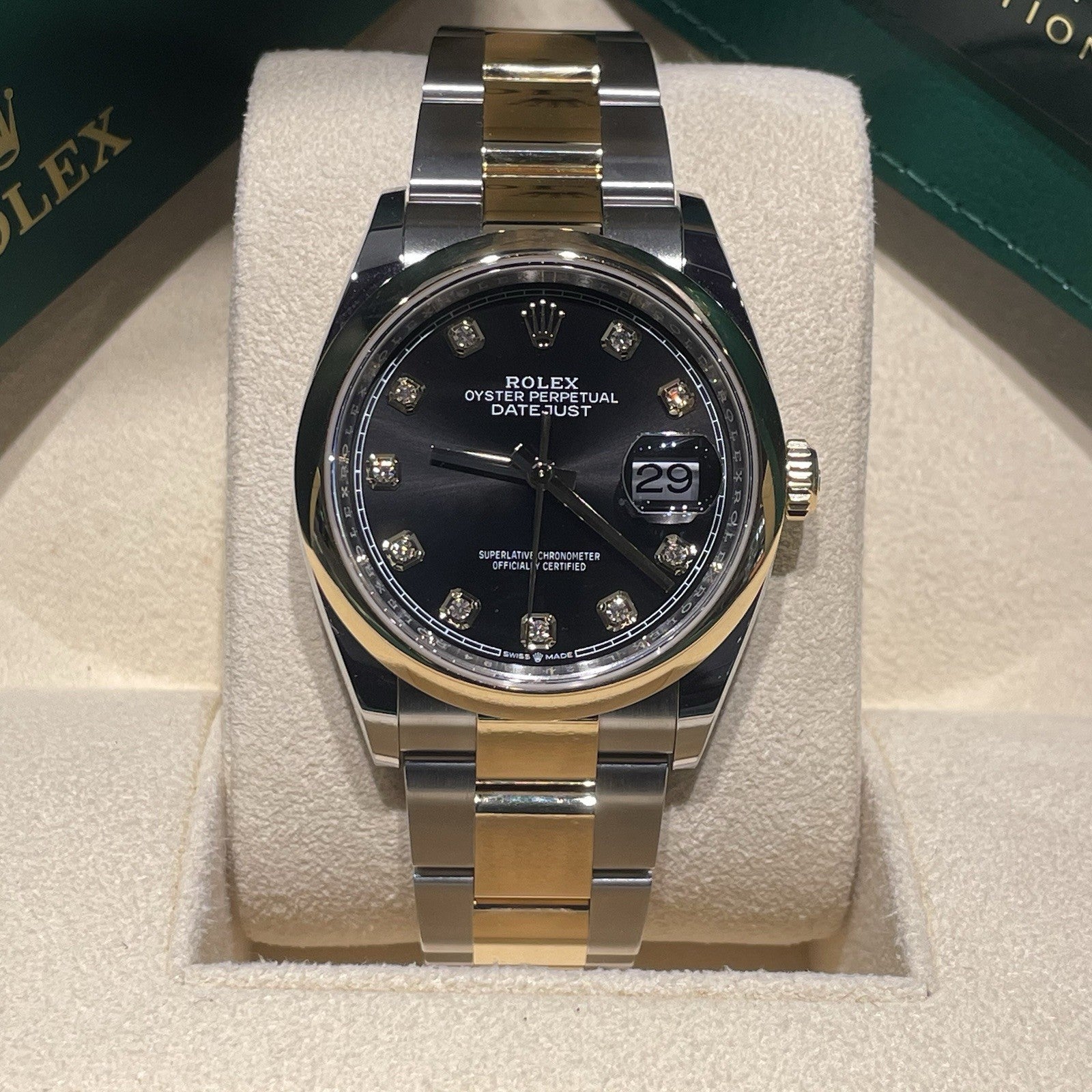ROLEX DATEJUST 36mm BLACK DIAMOND DIAL YELLOW GOLD OYSTERSTEEL ref: 126203